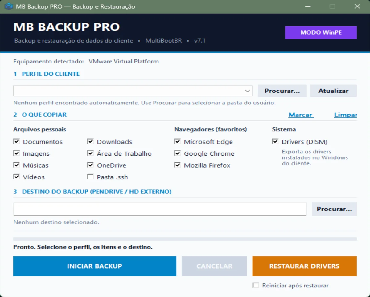 Tela do MB Backup PRO v7.1, backup e restauração de dados do cliente