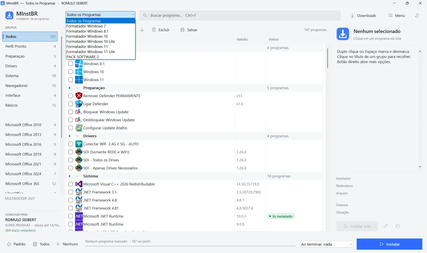 Tela do pós-instalação MInstBR com 187 programas e os perfis por versão do Windows