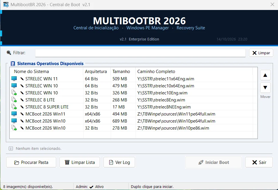 Central de Boot do MultiBootBR com a lista de WinPEs disponíveis