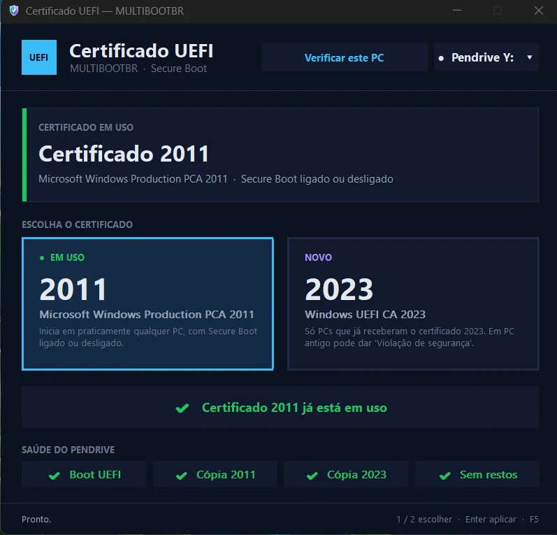 Certificado UEFI do MultiBootBR mostrando os certificados 2011 e 2023