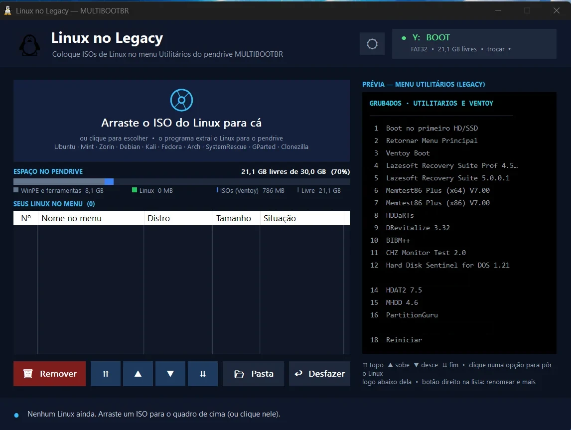 Linux no Legacy: arraste o ISO para colocar o Linux no menu Utilitários